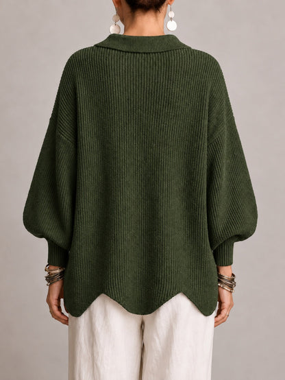 Elvira | Cardigan oversize côtelé à bord festonné, vert olive