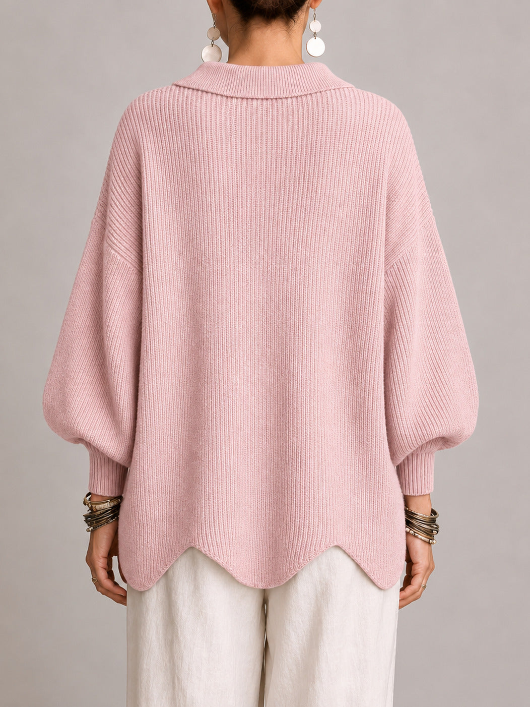 Clelia | Cardigan oversize côtelé à bords festonnés, rose poudré