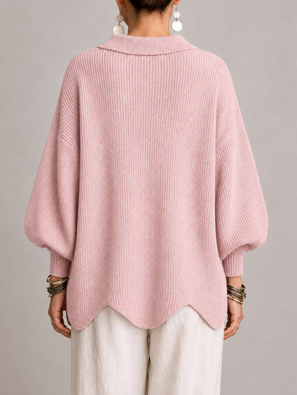 Clelia | Cardigan oversize côtelé à bords festonnés, rose poudré