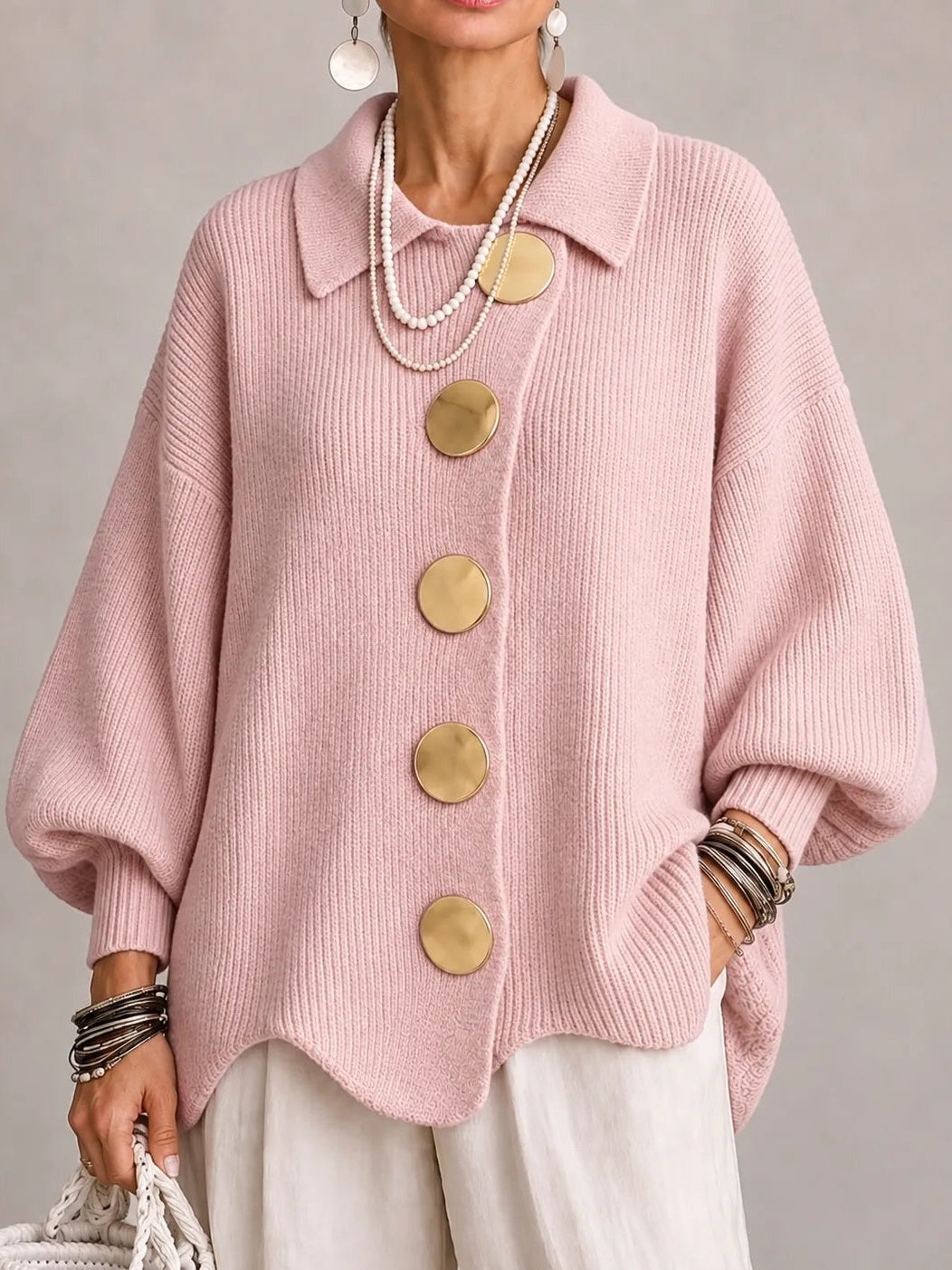 Clelia | Cardigan oversize côtelé à bords festonnés, rose poudré