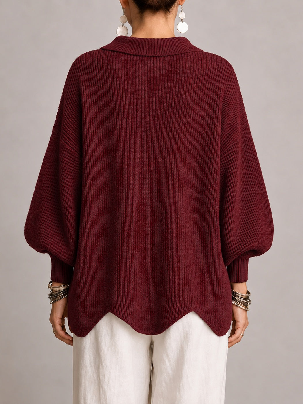 Loredana | Cardigan oversize côtelé à bords festonnés, bordeaux