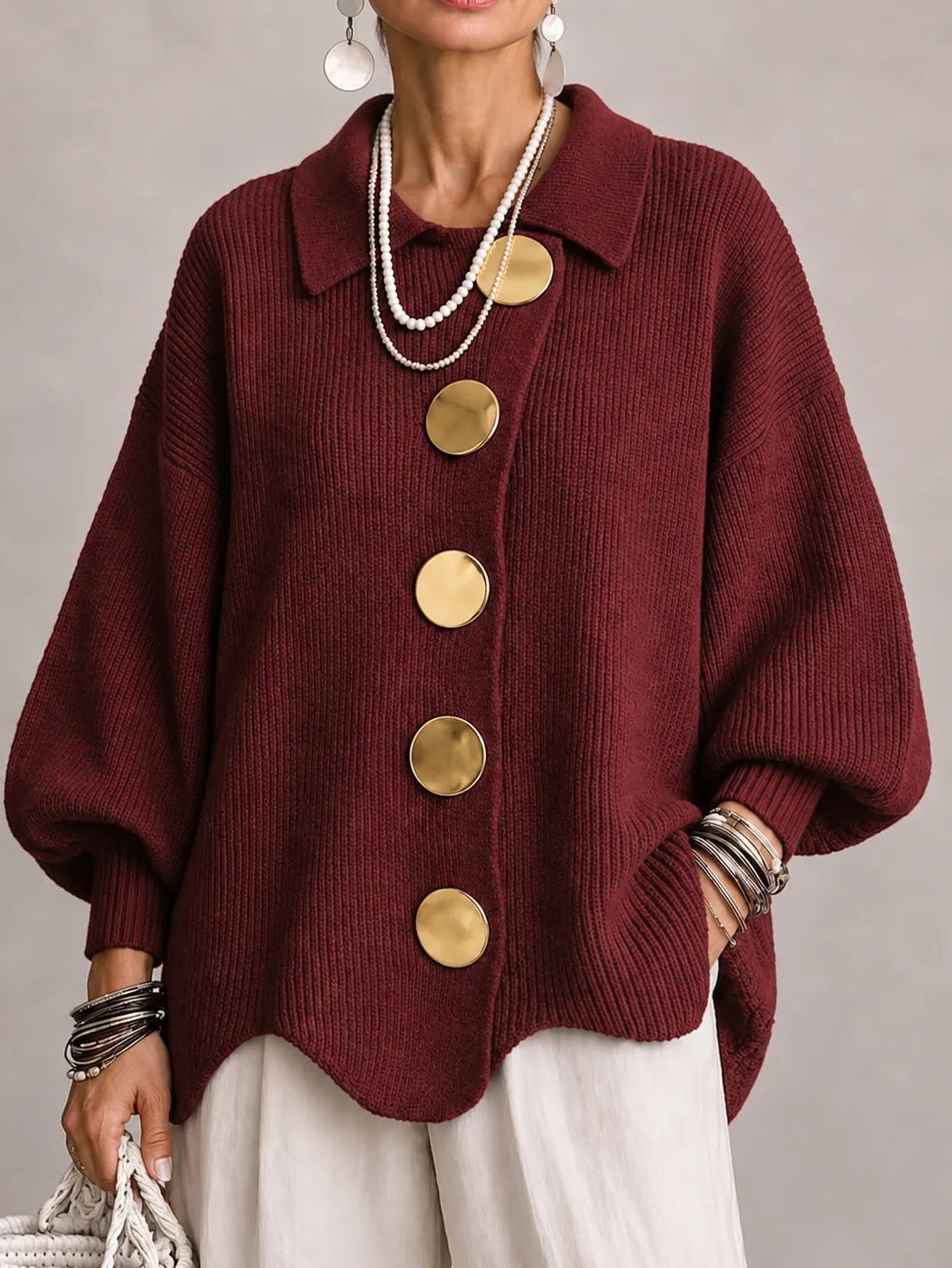 Loredana | Cardigan oversize côtelé à bords festonnés, bordeaux