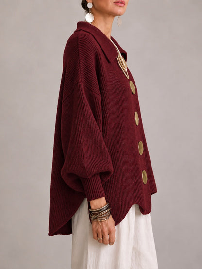 Loredana | Cardigan oversize côtelé à bords festonnés, bordeaux