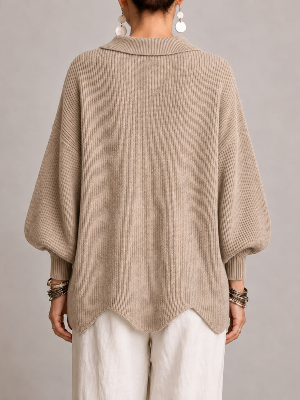 Iolanda | Cardigan oversize côtelé à bords festonnés, beige sable
