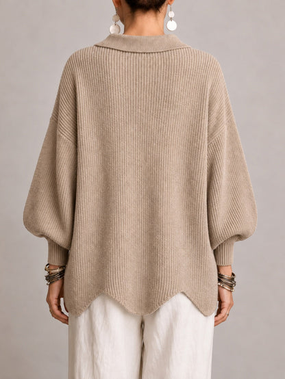 Iolanda | Cardigan oversize côtelé à bords festonnés, beige sable
