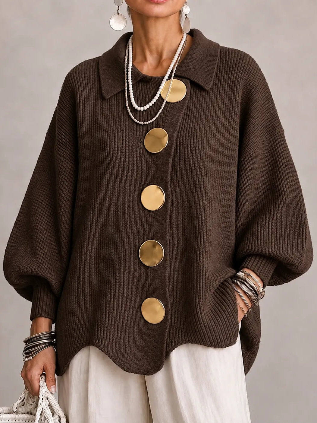 Graziella | Cardigan oversize côtelé à bord festonné, marron chocolat