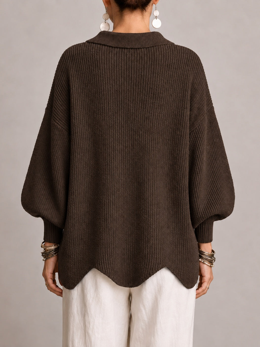Graziella | Cardigan oversize côtelé à bord festonné, marron chocolat