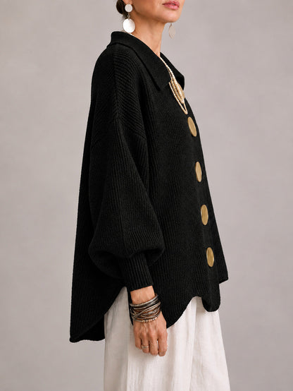 Maddalena | Cardigan oversize côtelé à bords festonnés, noir