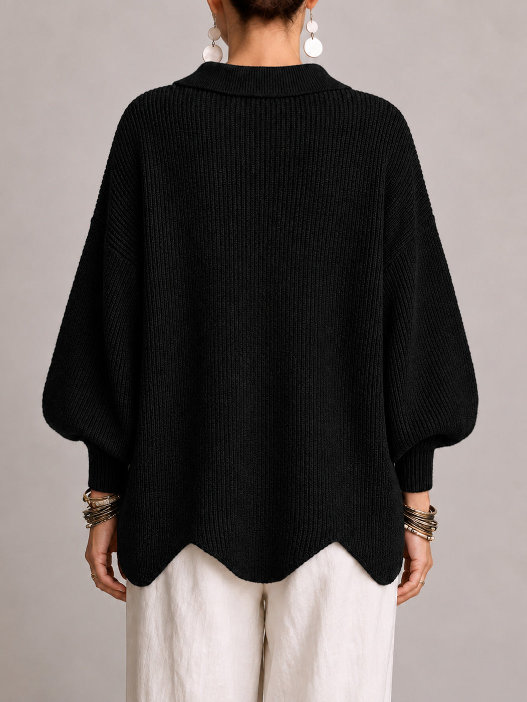 Maddalena | Cardigan oversize côtelé à bords festonnés, noir