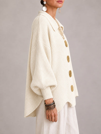 Gemma | Cardigan oversize côtelé à bords festonnés, ivoire