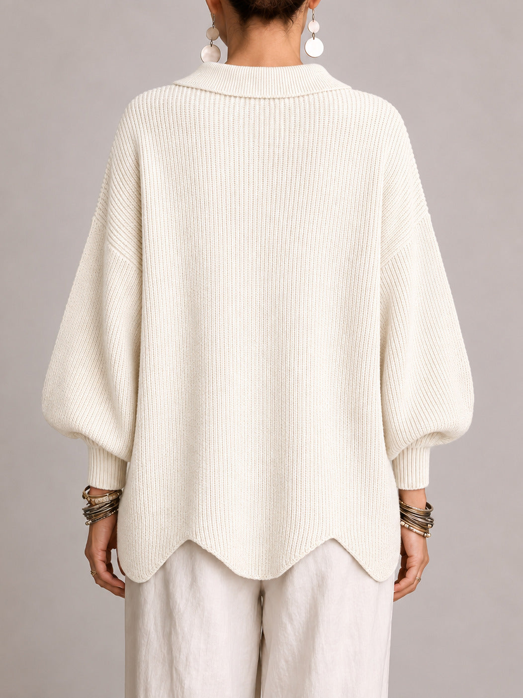 Gemma | Cardigan oversize côtelé à bords festonnés, ivoire