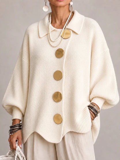 Gemma | Cardigan oversize côtelé à bords festonnés, ivoire