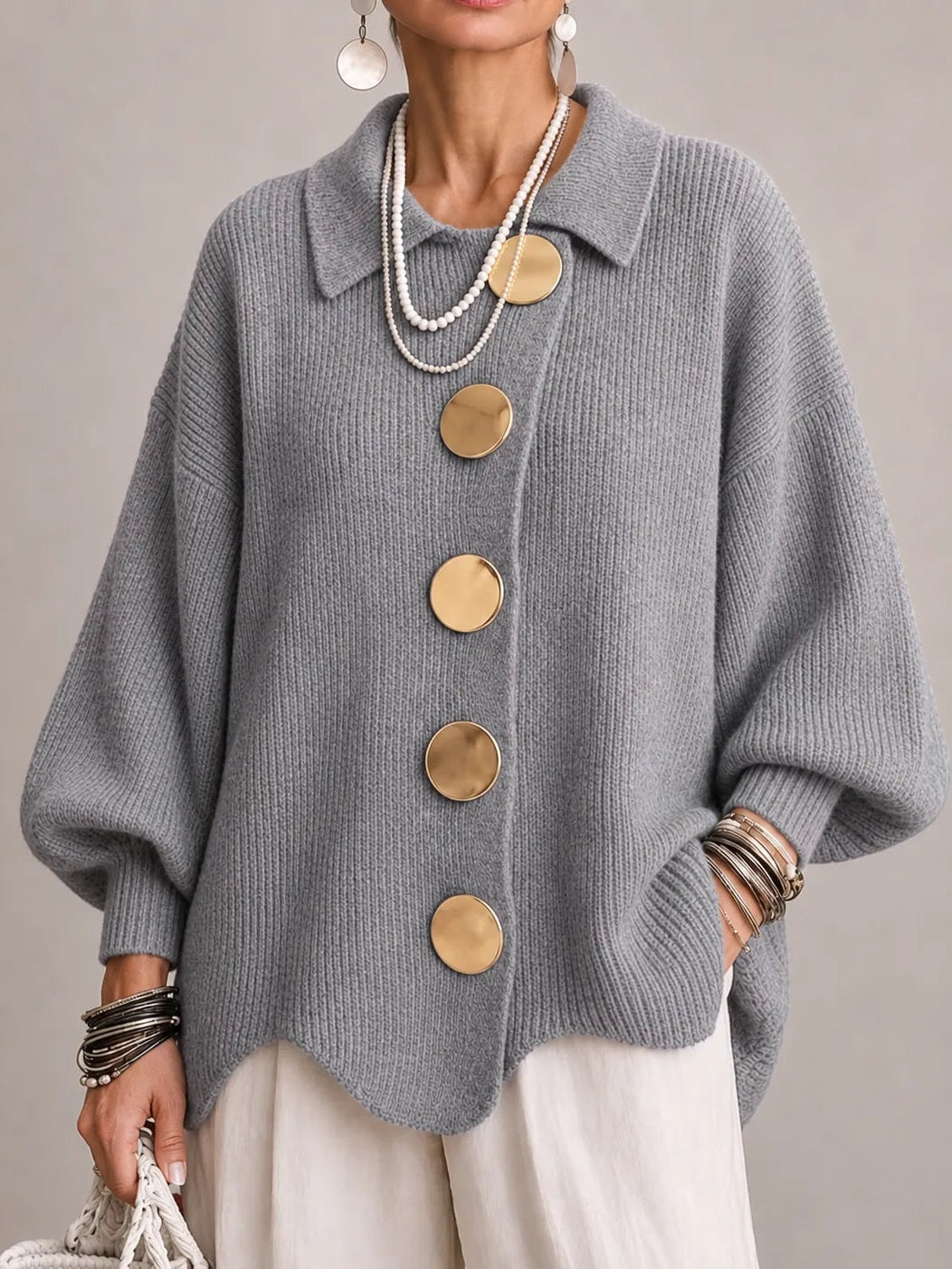 Rosanna | Cardigan oversize côtelé à bord festonné, gris