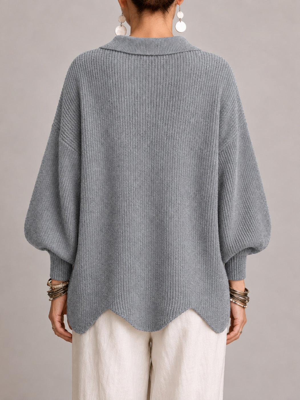 Rosanna | Cardigan oversize côtelé à bord festonné, gris