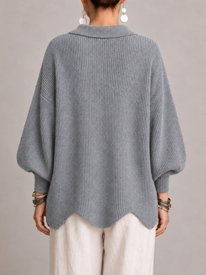 Rosanna | Cardigan oversize côtelé à bord festonné, gris