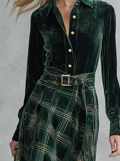 Ondina | Robe maxi en velours à carreaux et ceinture, verte