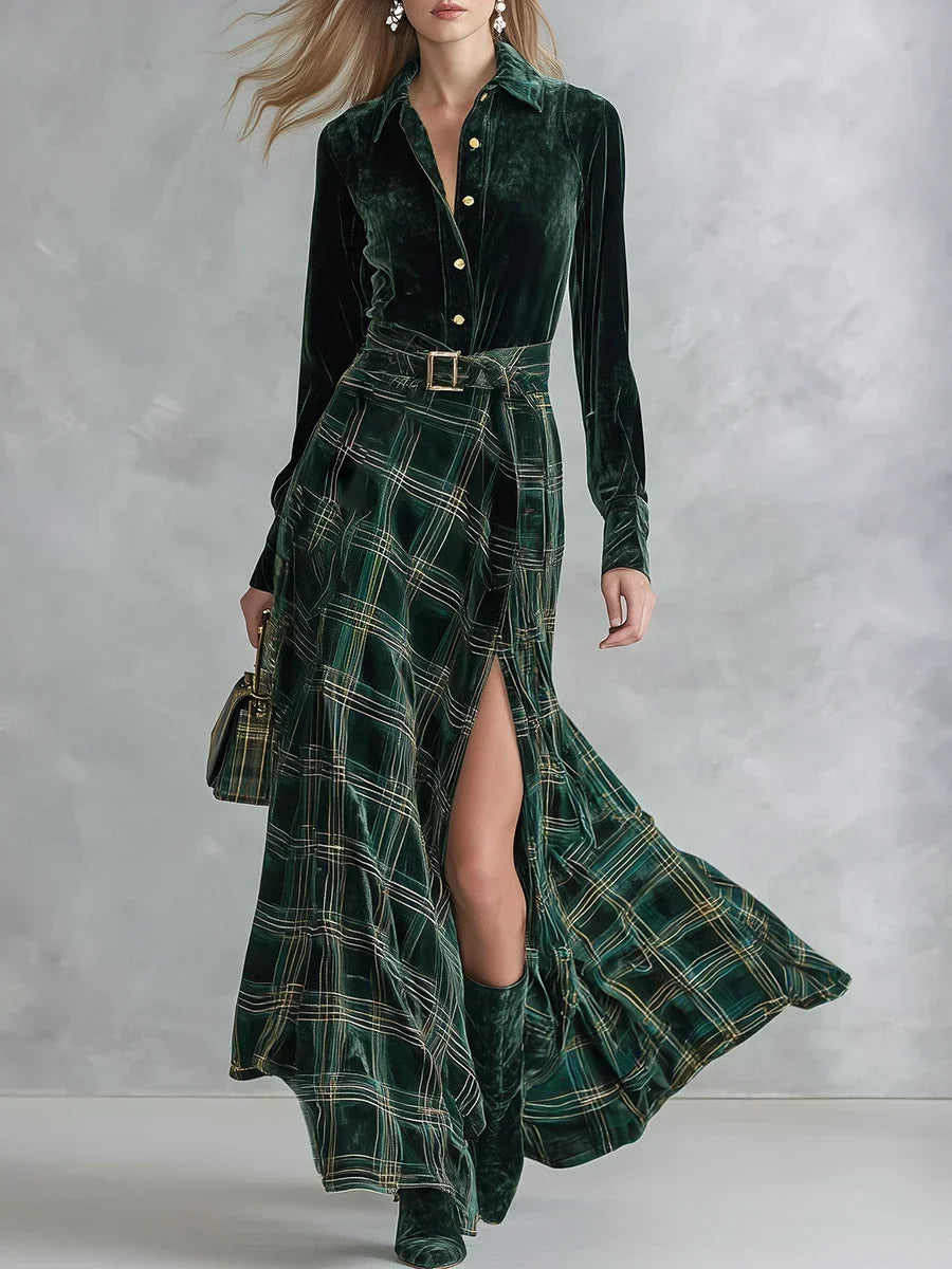 Ondina | Robe maxi en velours à carreaux et ceinture, verte