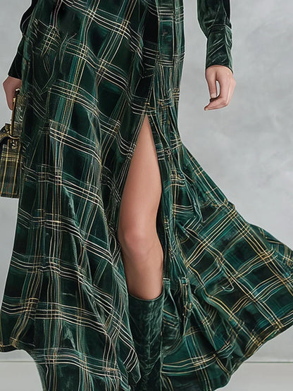 Ondina | Robe maxi en velours à carreaux et ceinture, verte