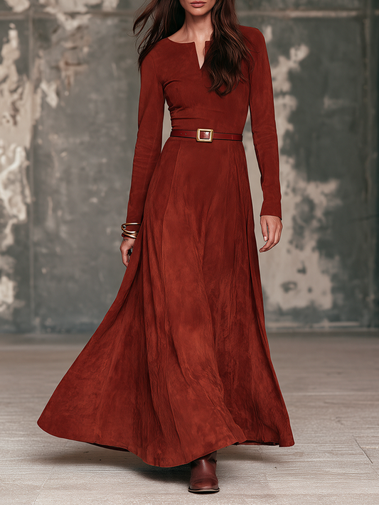 Rosalba | Robe longue en suédine à décolleté en V et ceinture, rouille