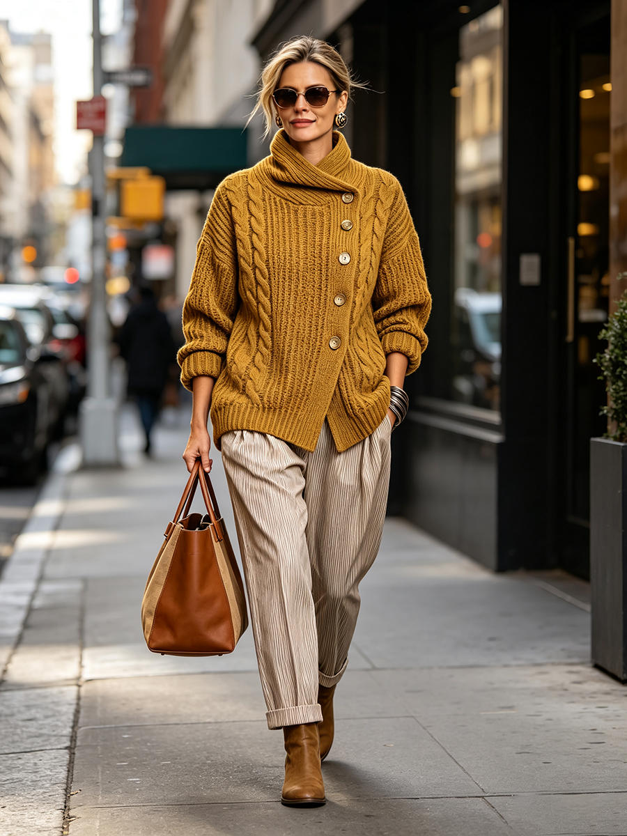 Tullia | Cardigan torsadé à fermeture asymétrique, moutarde