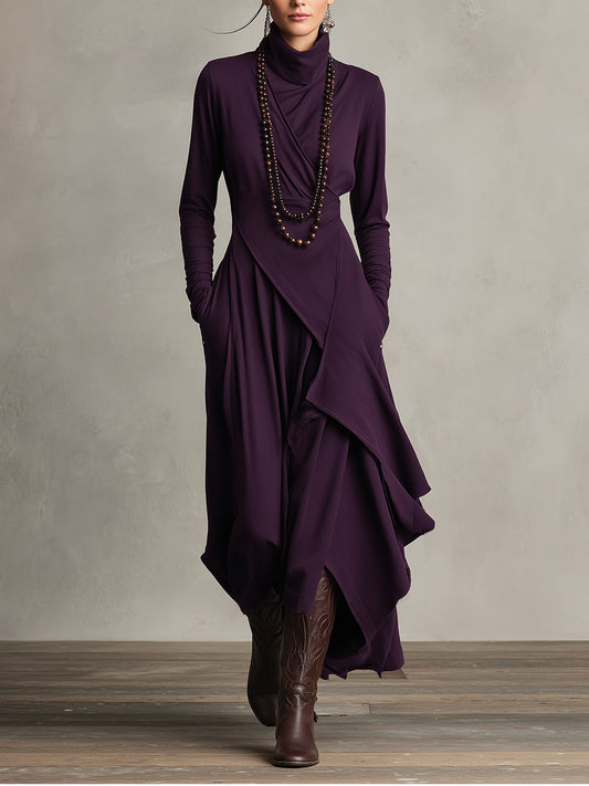 Diletta | Robe maxi bohème en coton à col montant et drapé asymétrique