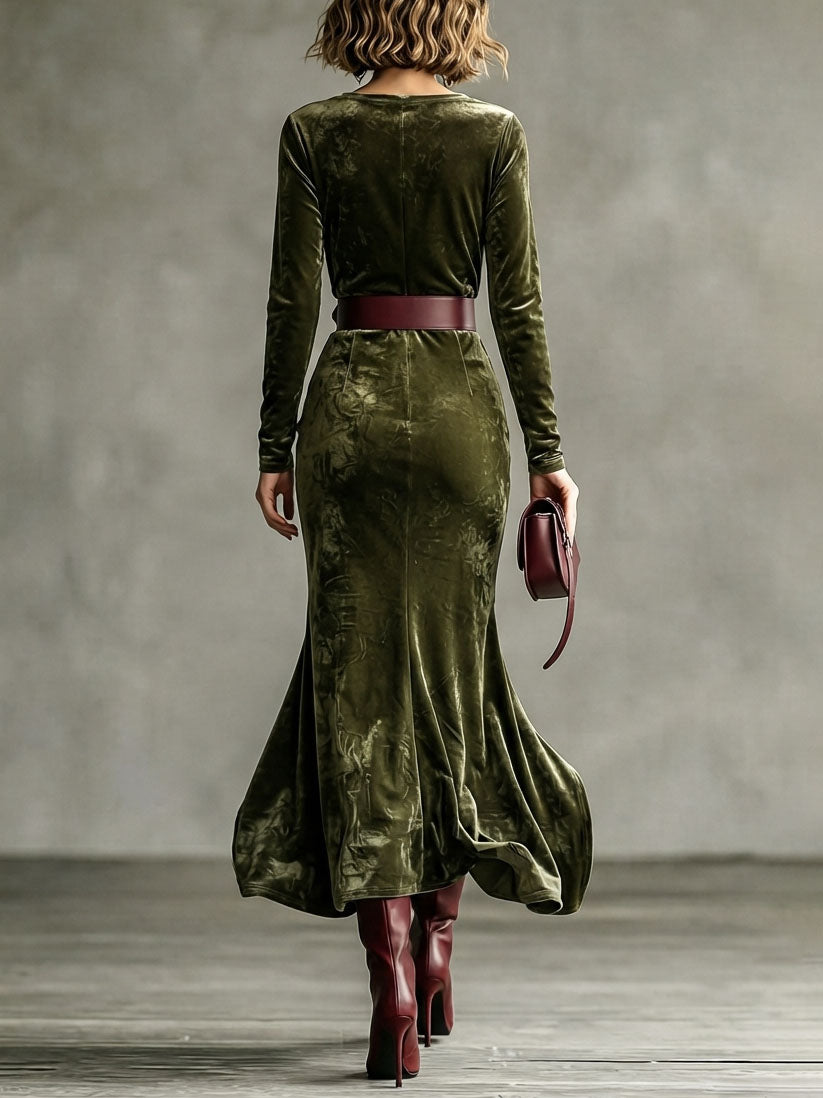 Ginevra | Robe longue sirène en velours à manches longues, vert foncé