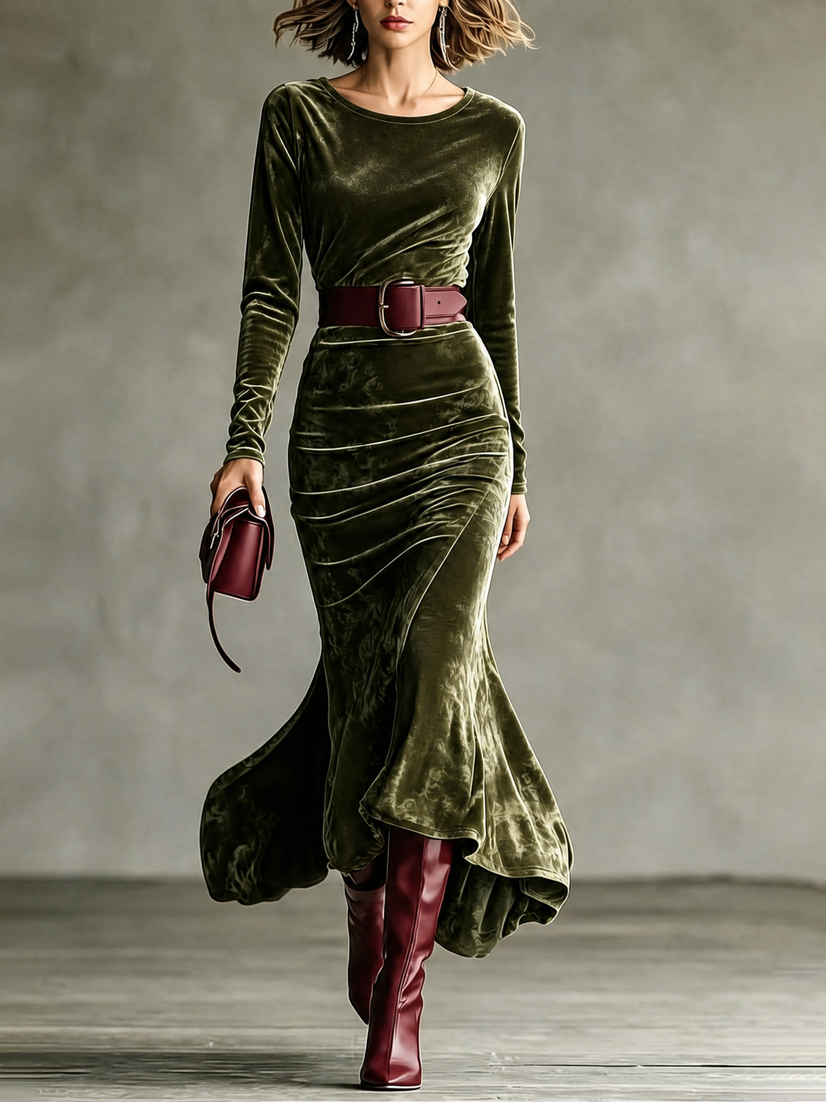 Ginevra | Robe longue sirène en velours à manches longues, vert foncé