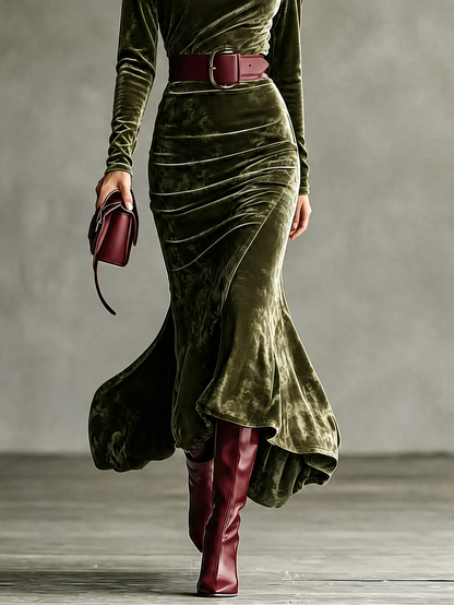 Ginevra | Robe longue sirène en velours à manches longues, vert foncé