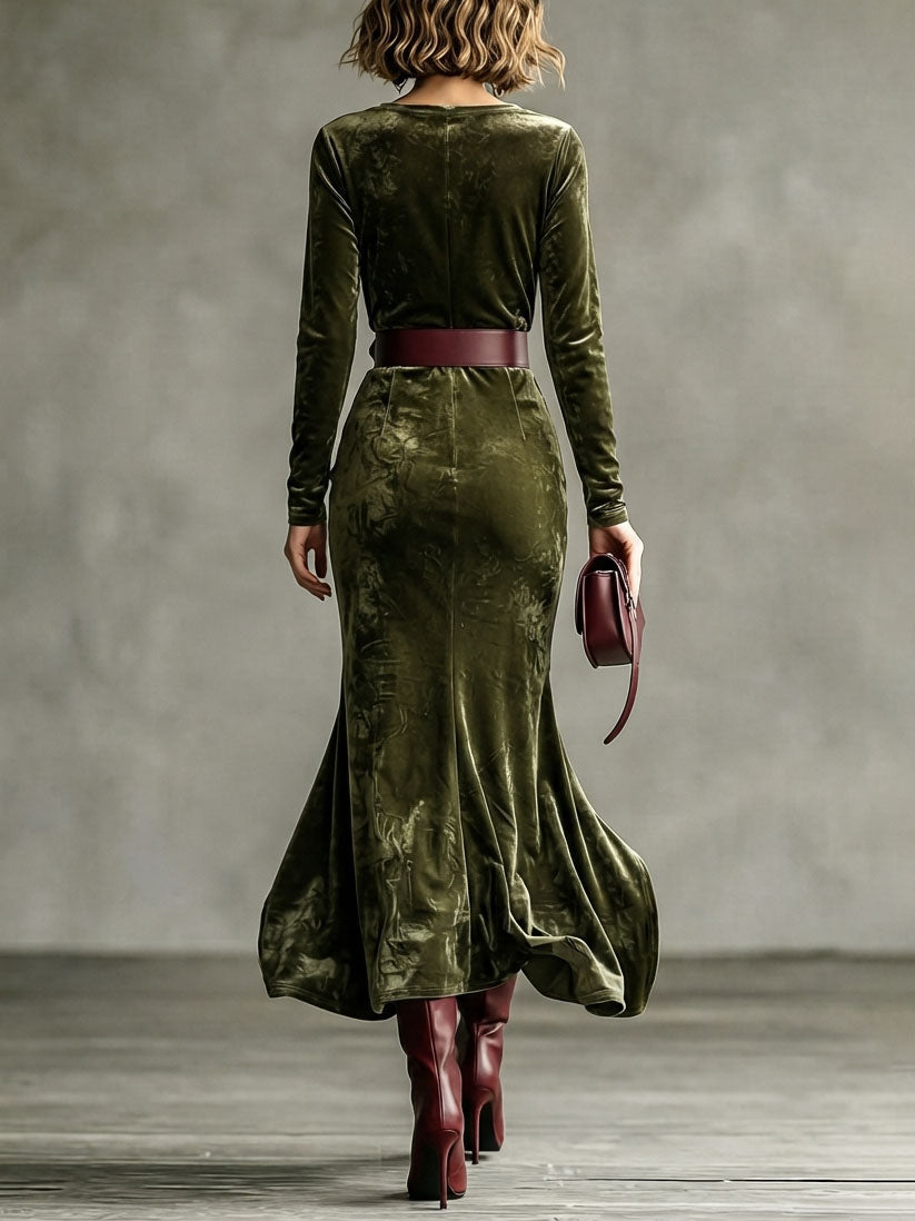 Ginevra | Robe longue sirène en velours à manches longues, vert foncé