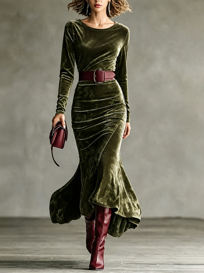 Ginevra | Robe longue sirène en velours à manches longues, vert foncé