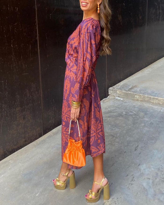 Isadora | Robe midi imprimée à col V et manches longues