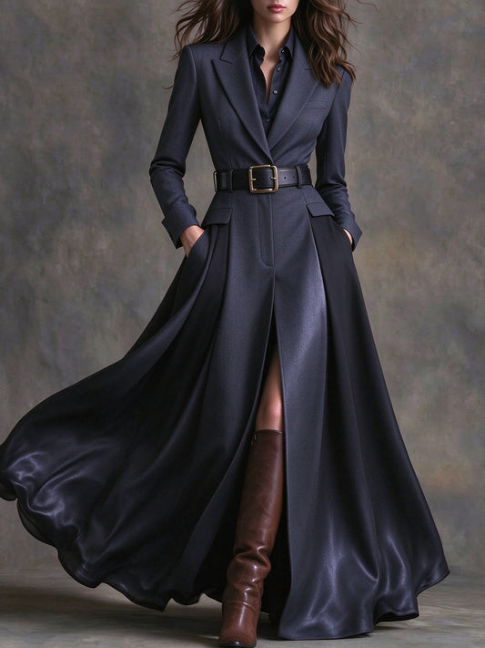Azzurra | Robe maxi western à revers et ceinture, bleu marine