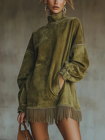 Gabrielle | Robe en suédine à col montant et franges
