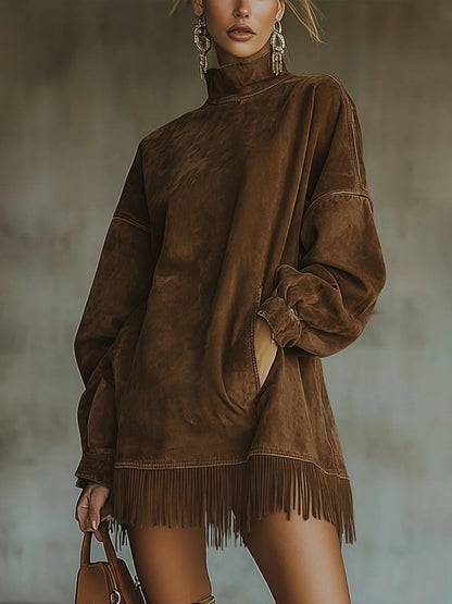 Gabrielle | Robe en suédine à col montant et franges