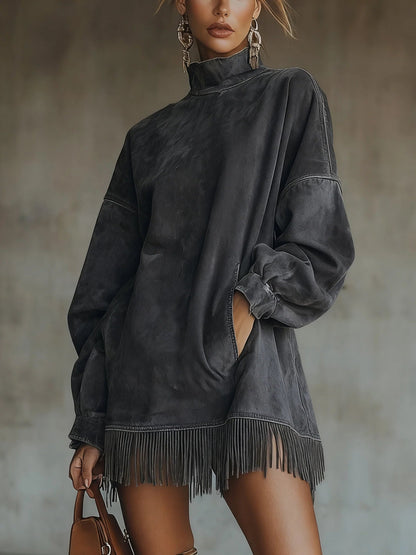 Gabrielle | Robe en suédine à col montant et franges