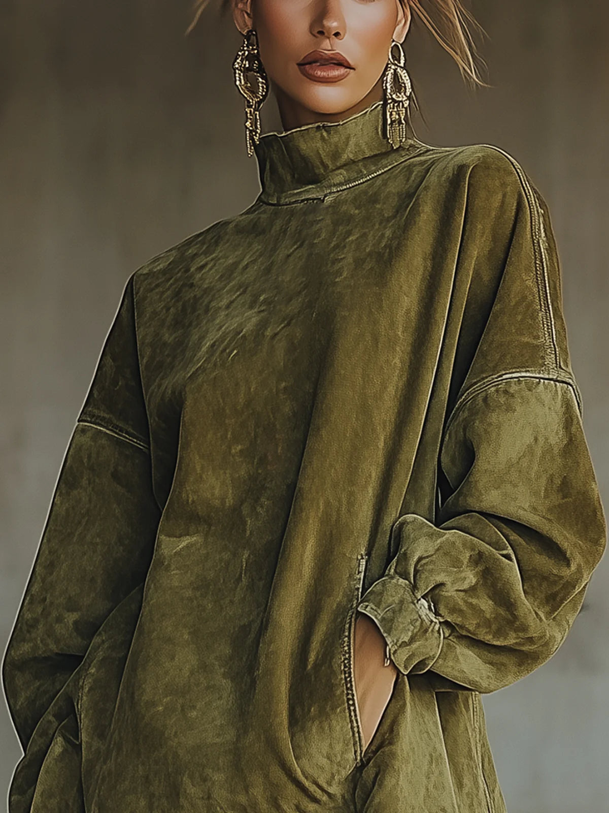 Gabrielle | Robe en suédine à col montant et franges