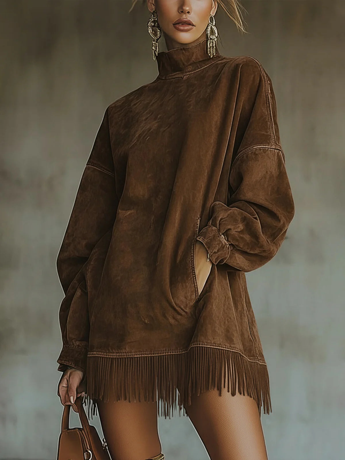 Gabrielle | Robe en suédine à col montant et franges
