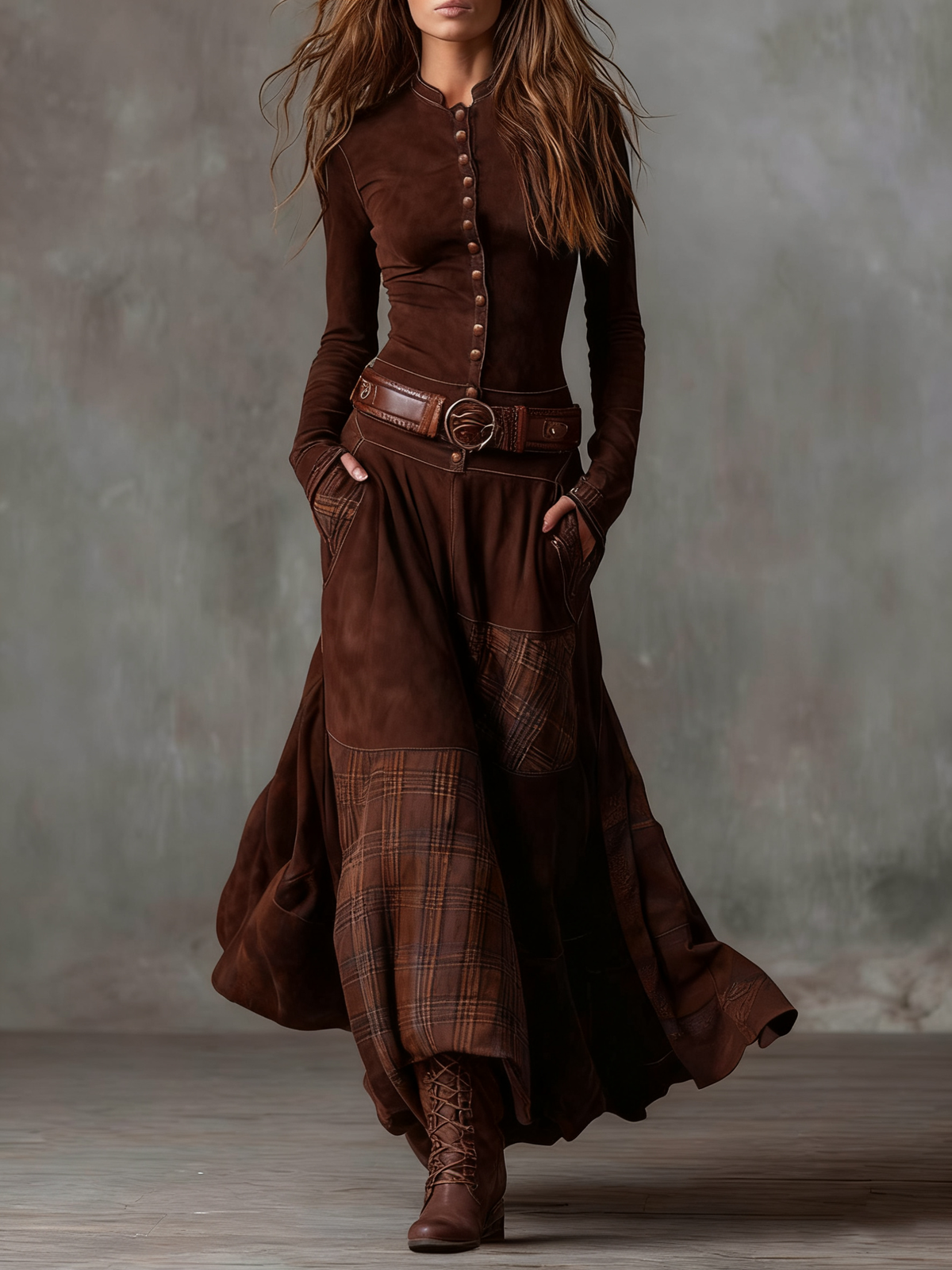 Élise | Robe maxi en suédine avec ceinture