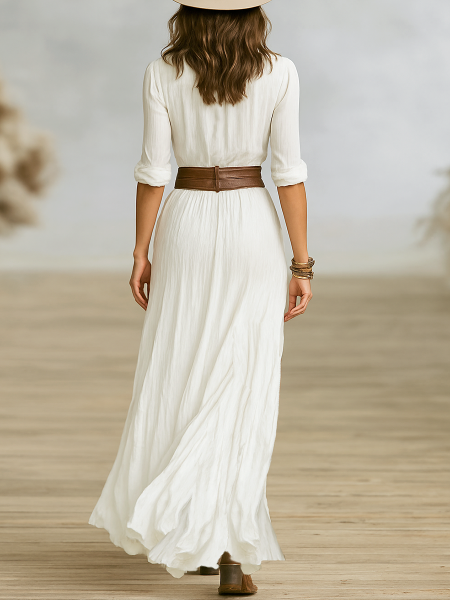 Aurore | Robe longue en lin et coton à col inversé