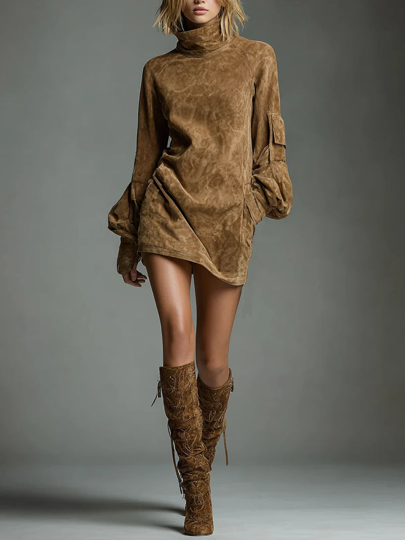 Bibiane | Mini-robe oversize en suédine à col montant