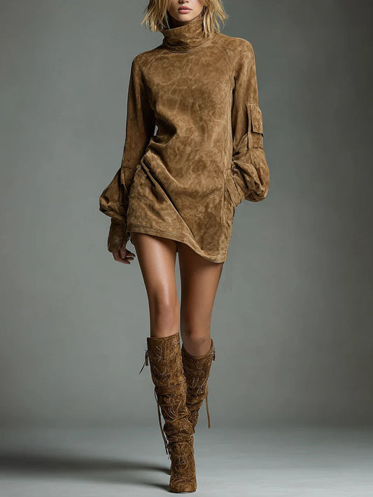 Bibiane | Mini-robe oversize en suédine à col montant