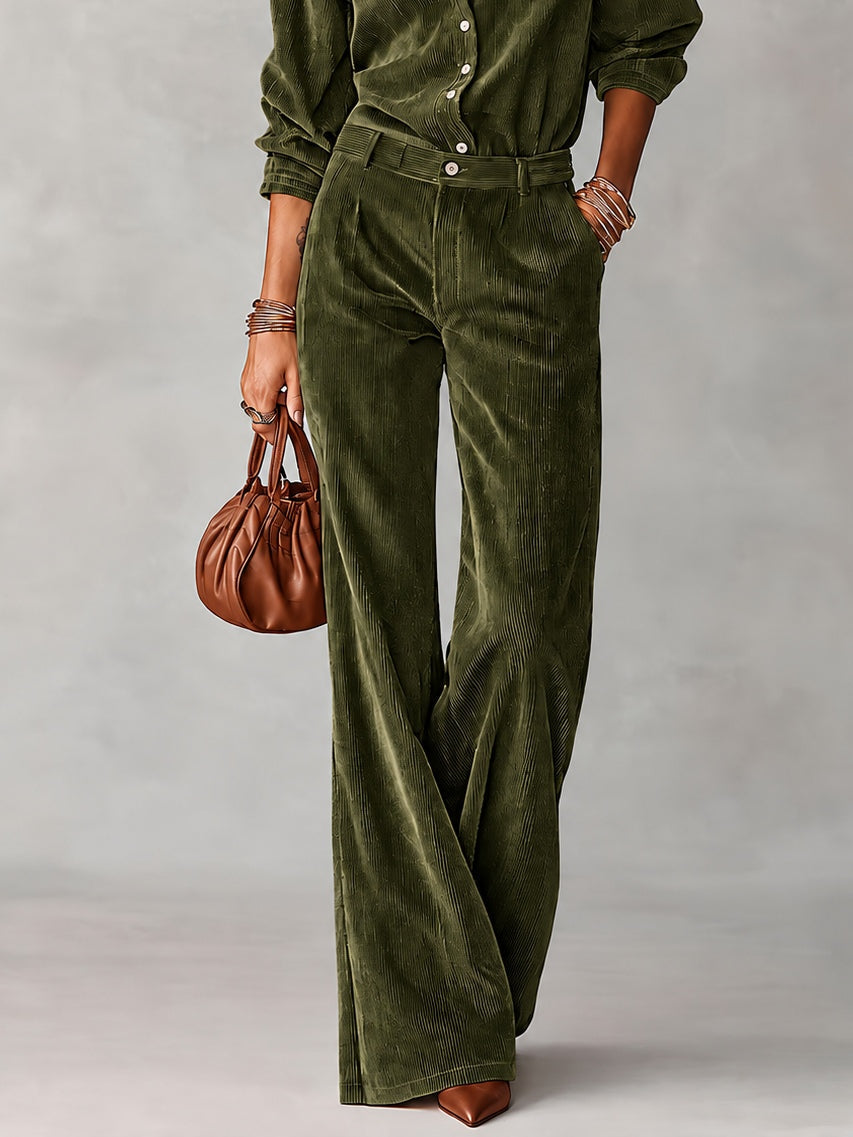 Savina | Ensemble chemise et pantalon en velours côtelé avec dentelle, vert olive