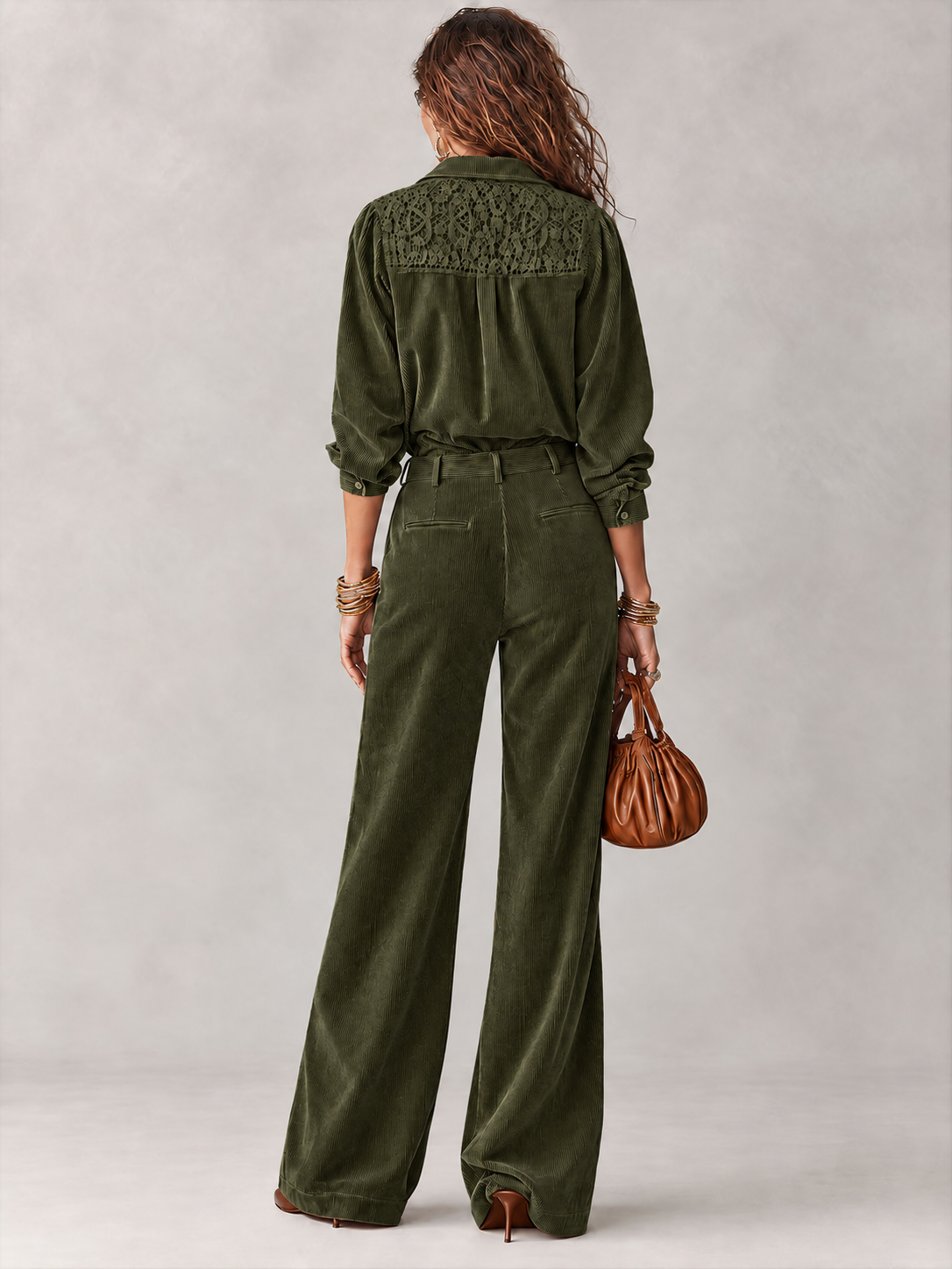 Savina | Ensemble chemise et pantalon en velours côtelé avec dentelle, vert olive