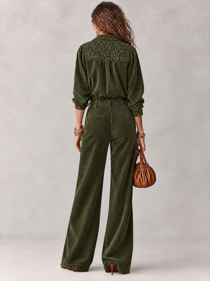 Savina | Ensemble chemise et pantalon en velours côtelé avec dentelle, vert olive