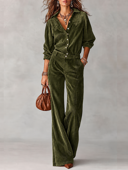 Savina | Ensemble chemise et pantalon en velours côtelé avec dentelle, vert olive
