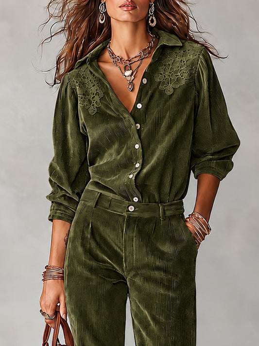 Savina | Ensemble chemise et pantalon en velours côtelé avec dentelle, vert olive