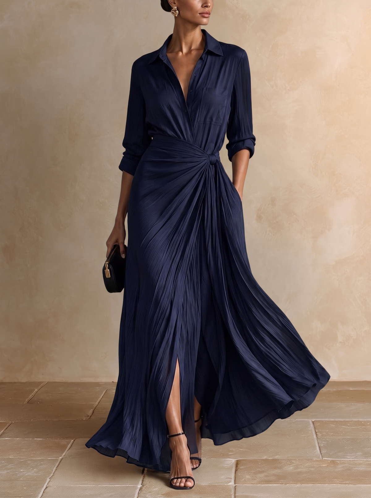 Allegra | Robe chemise maxi nouée à la taille, bleu marine