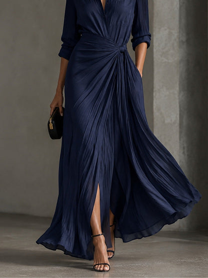 Allegra | Robe chemise maxi nouée à la taille, bleu marine