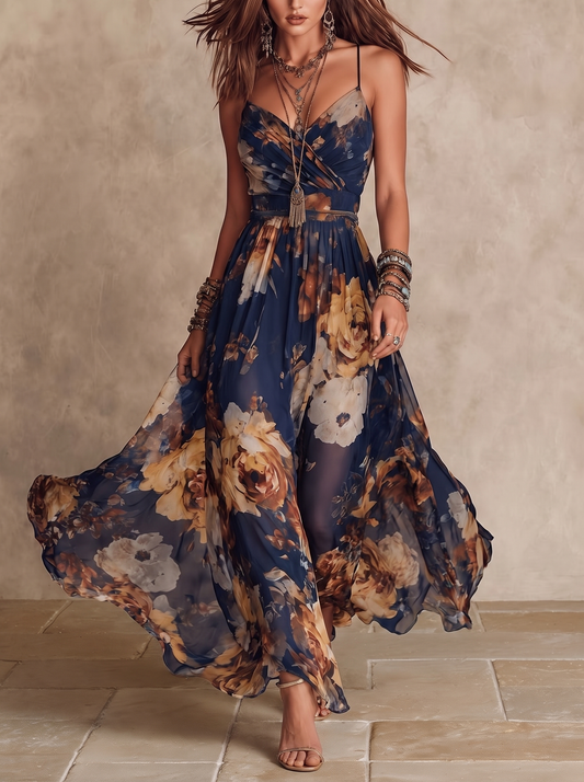 Melissa | Robe maxi fleurie en mousseline à fines bretelles, bleu marine