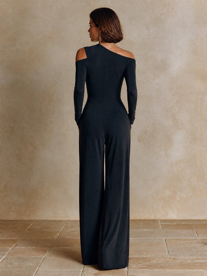 Dafne | Combinaison asymétrique drapée à jambes larges, noire